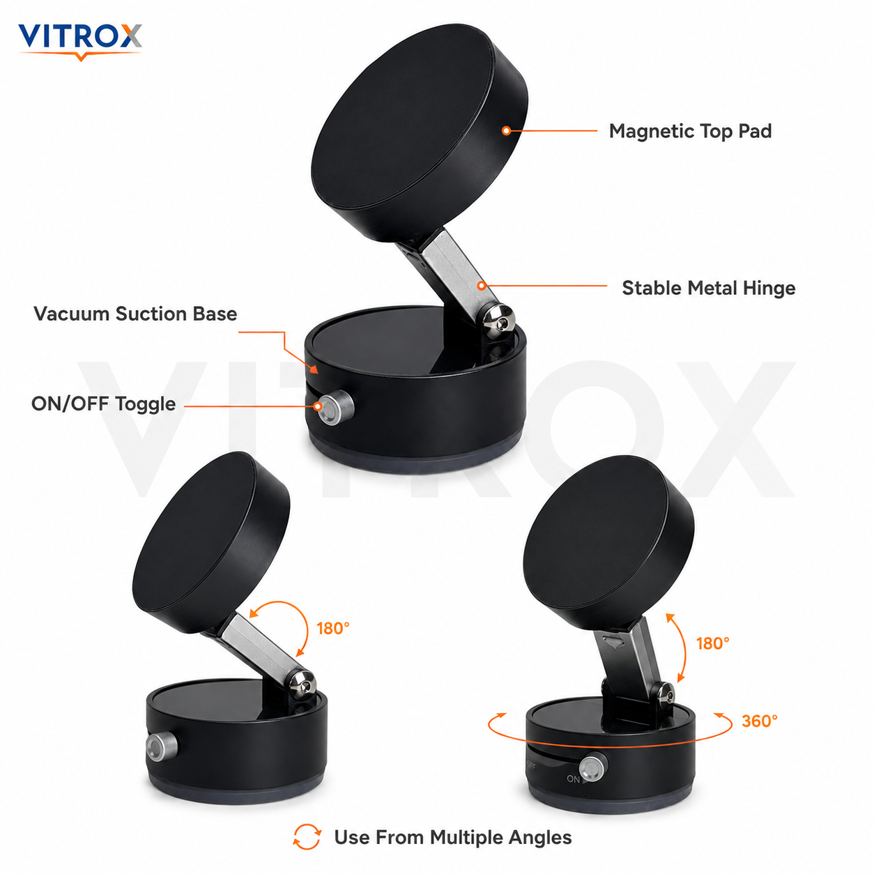 Vitrox Black Foldable Vacuum Suction Magnetic Phone Holder – Adjustable Mobile Stand for Car, Desk & Mirror