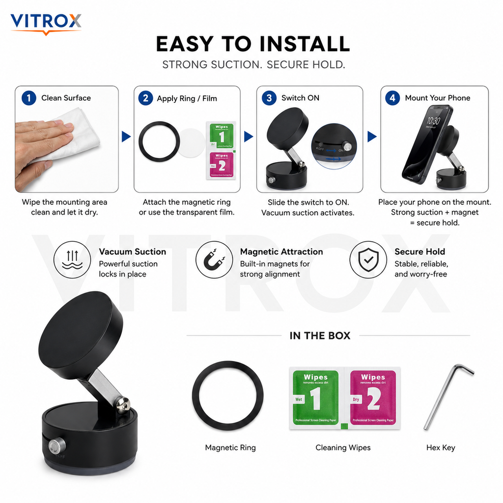 Vitrox Black Foldable Vacuum Suction Magnetic Phone Holder – Adjustable Mobile Stand for Car, Desk & Mirror
