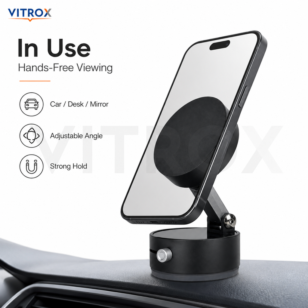 Vitrox Black Foldable Vacuum Suction Magnetic Phone Holder – Adjustable Mobile Stand for Car, Desk & Mirror