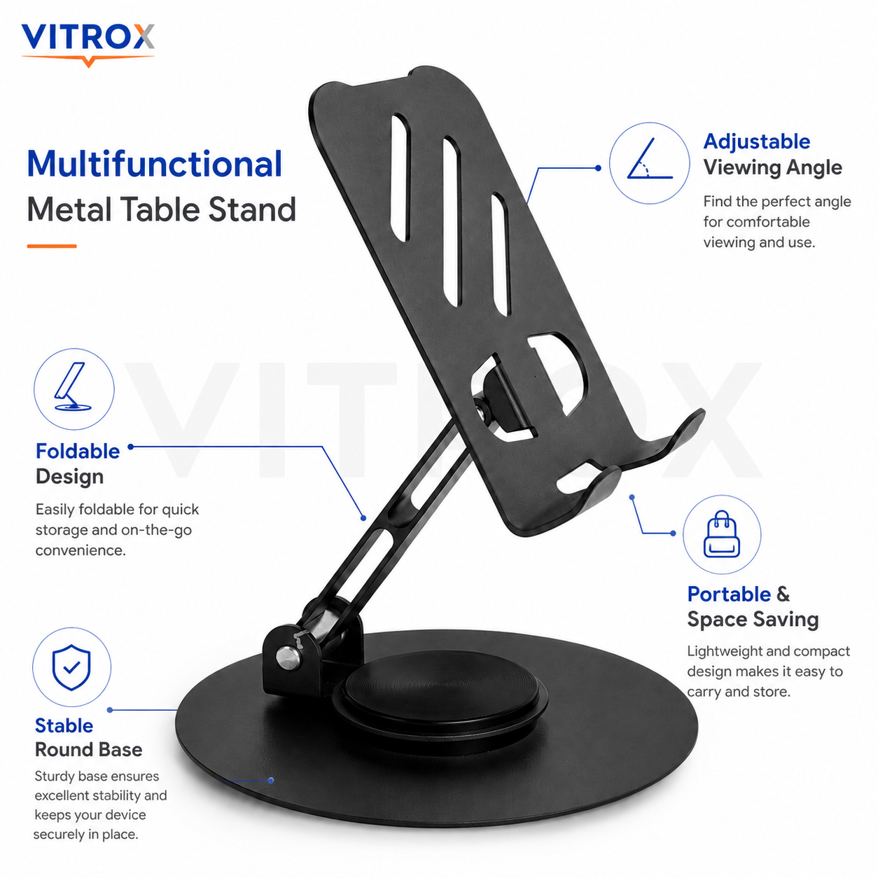 Vitrox Multifunctional Metal Table Stand for Mobile & Tablet – Foldable Adjustable Desk Holder, Black