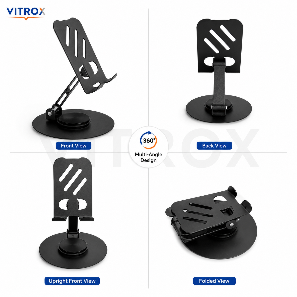 Vitrox Multifunctional Metal Table Stand for Mobile & Tablet – Foldable Adjustable Desk Holder, Black