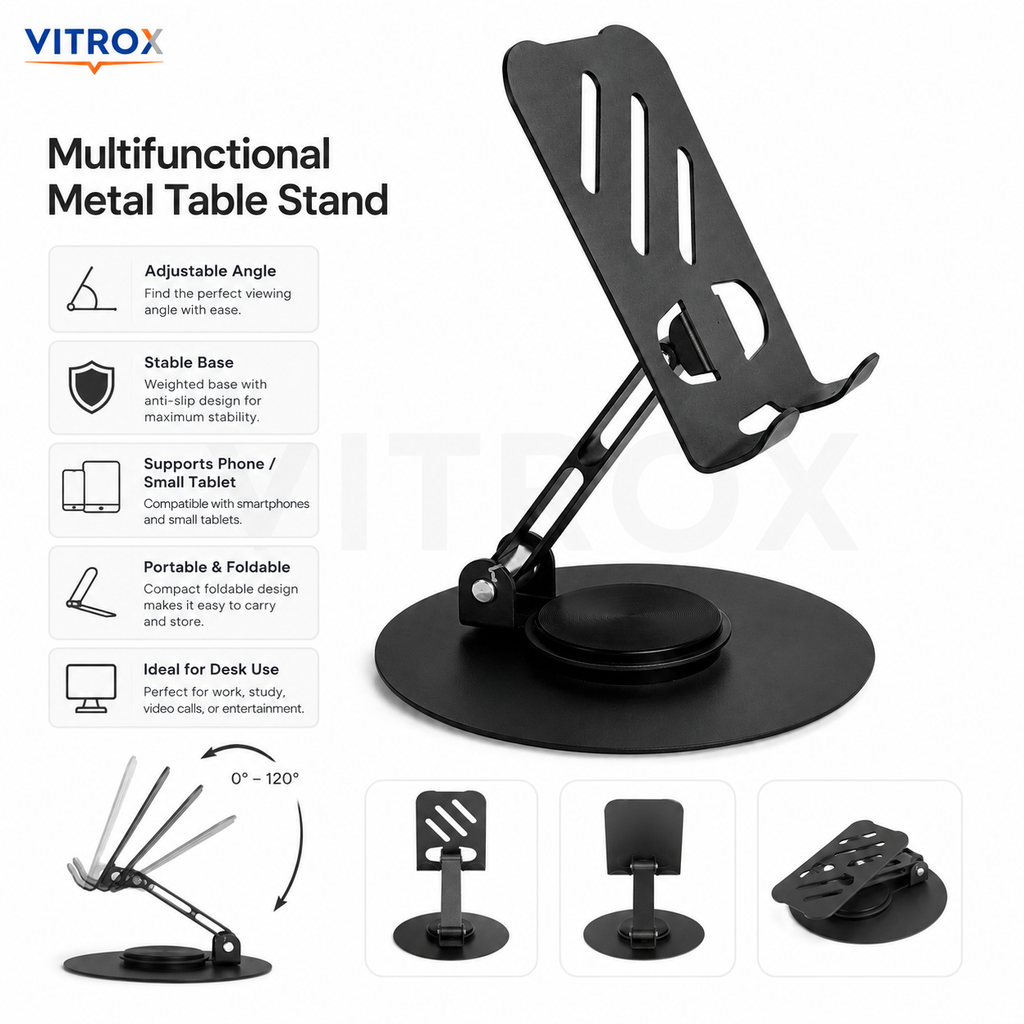 Vitrox Multifunctional Metal Table Stand for Mobile & Tablet – Foldable Adjustable Desk Holder, Black
