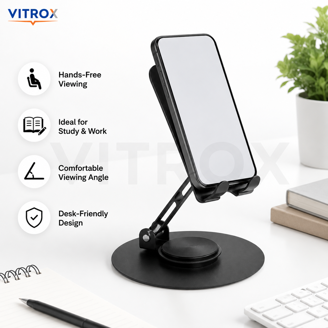 Vitrox Multifunctional Metal Table Stand for Mobile & Tablet – Foldable Adjustable Desk Holder, Black
