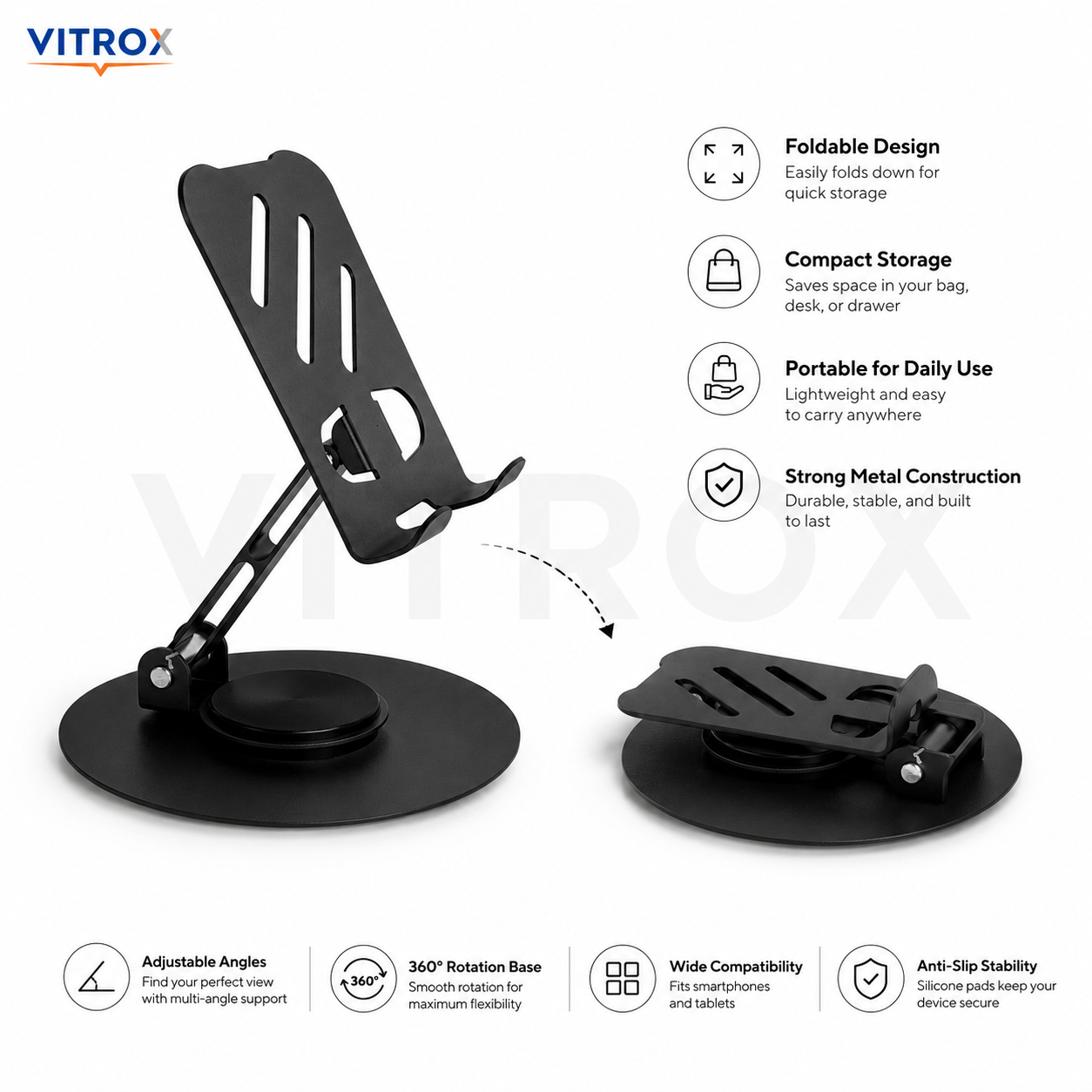 Vitrox Multifunctional Metal Table Stand for Mobile & Tablet – Foldable Adjustable Desk Holder, Black
