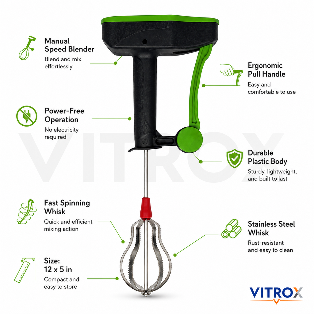 Vitrox Manual Speed Blender | Power-Free Hand Whisk Mixer for Beating, Liquidizing & Churning | Black & Green