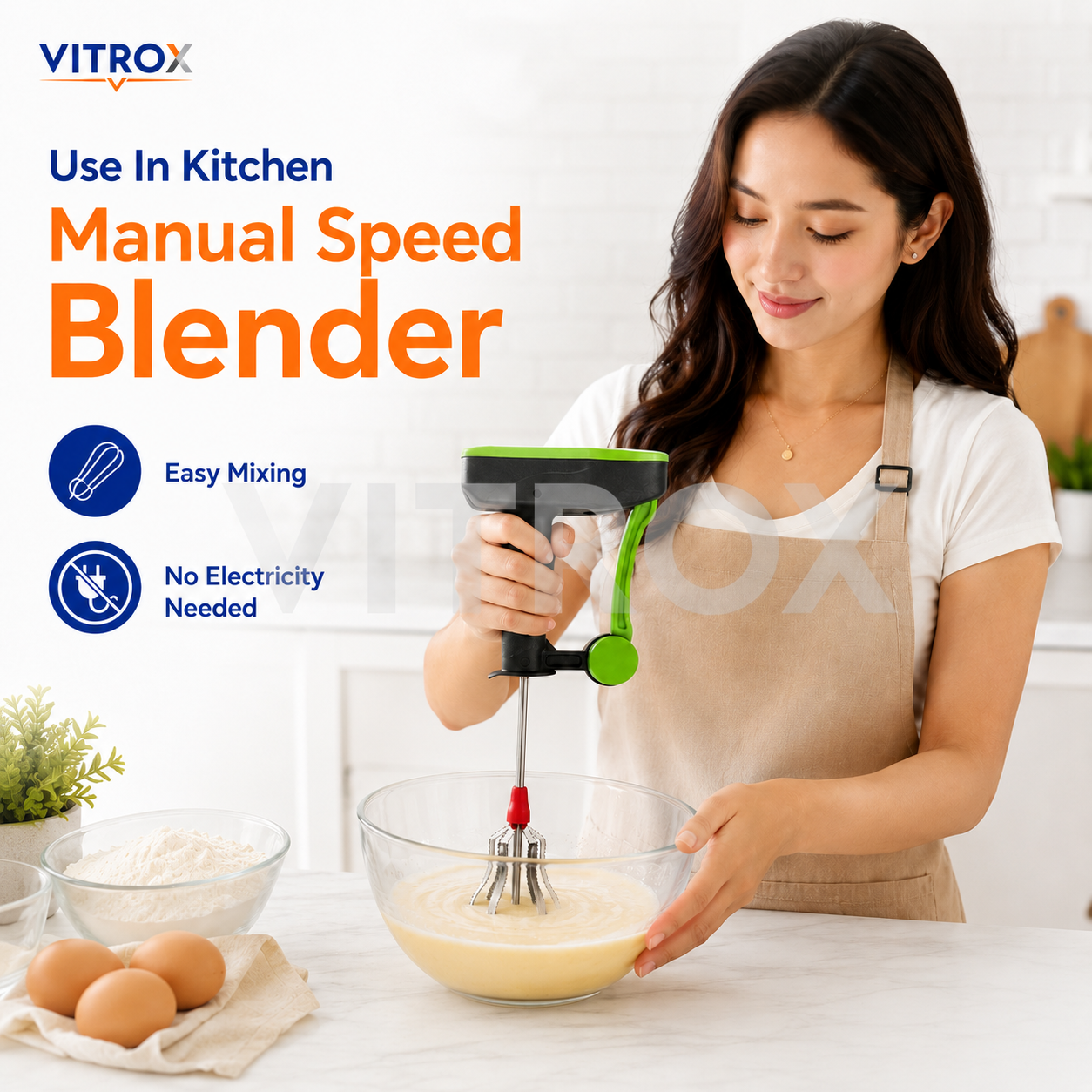 Vitrox Manual Speed Blender | Power-Free Hand Whisk Mixer for Beating, Liquidizing & Churning | Black & Green