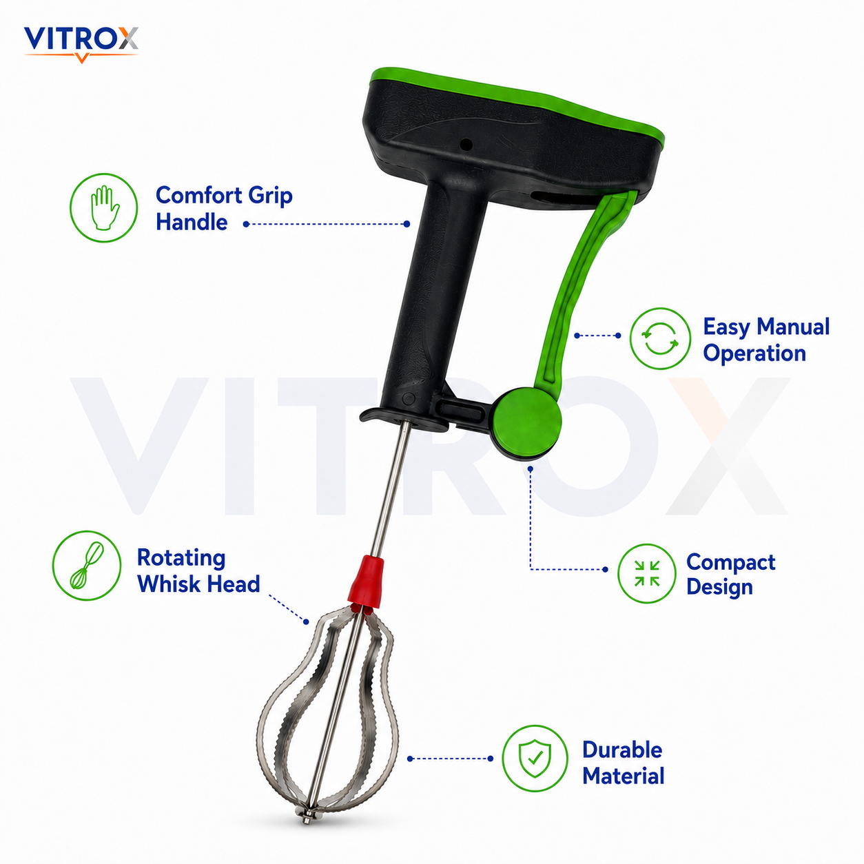 Vitrox Manual Speed Blender | Power-Free Hand Whisk Mixer for Beating, Liquidizing & Churning | Black & Green