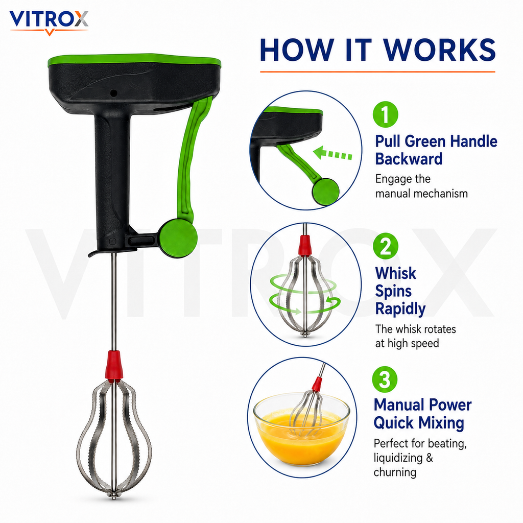 Vitrox Manual Speed Blender | Power-Free Hand Whisk Mixer for Beating, Liquidizing & Churning | Black & Green