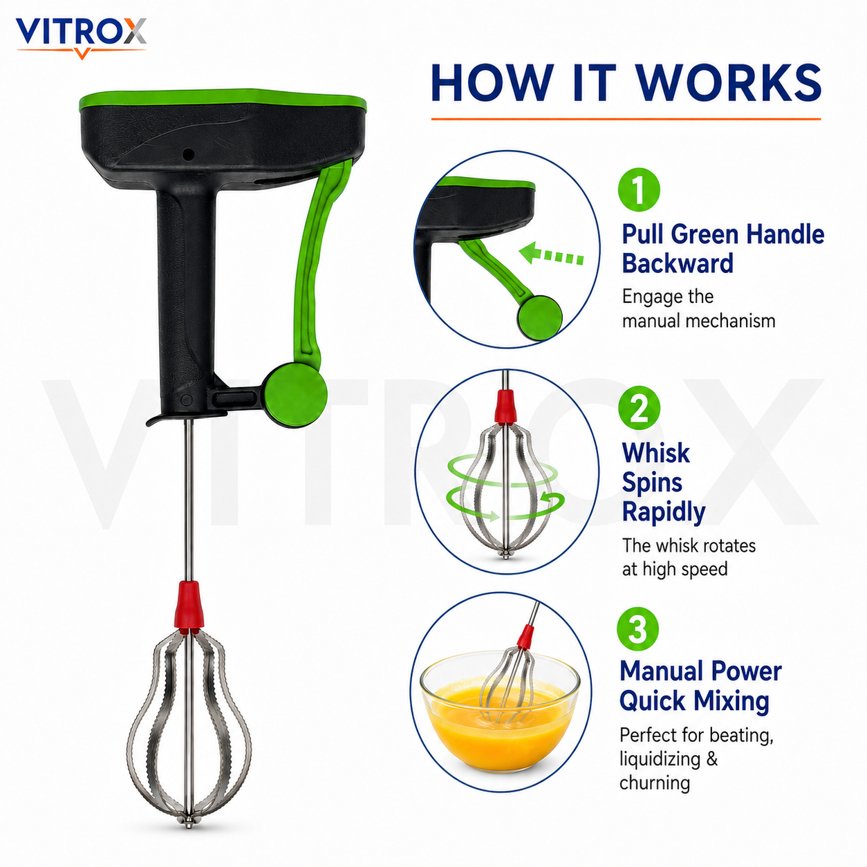 Vitrox Manual Speed Blender | Power-Free Hand Whisk Mixer for Beating, Liquidizing & Churning | Black & Green
