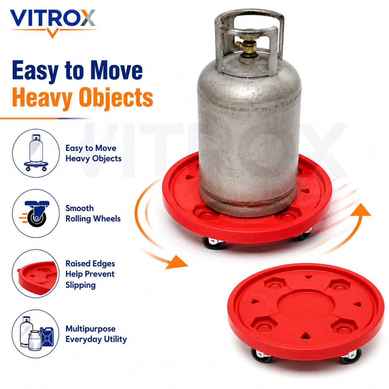 Vitrox Heavy Duty Multipurpose Red Trolley – 90 Kg Capacity Plastic Moving Base with 4 Smooth Caster Wheels