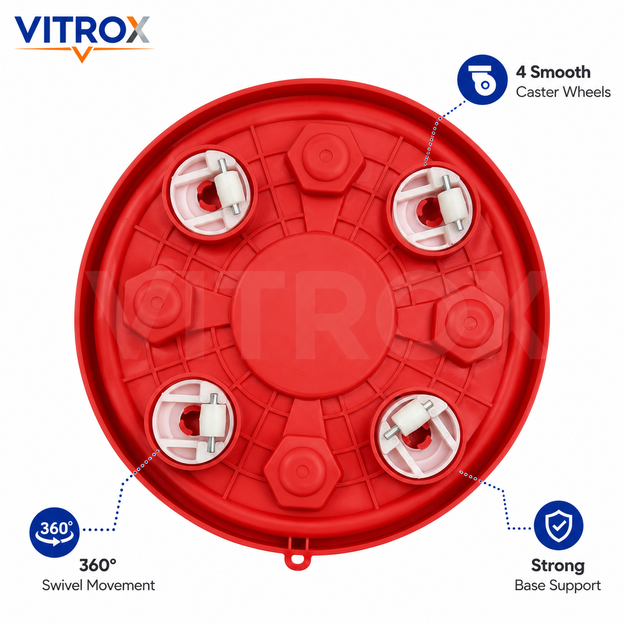 Vitrox Heavy Duty Multipurpose Red Trolley – 90 Kg Capacity Plastic Moving Base with 4 Smooth Caster Wheels