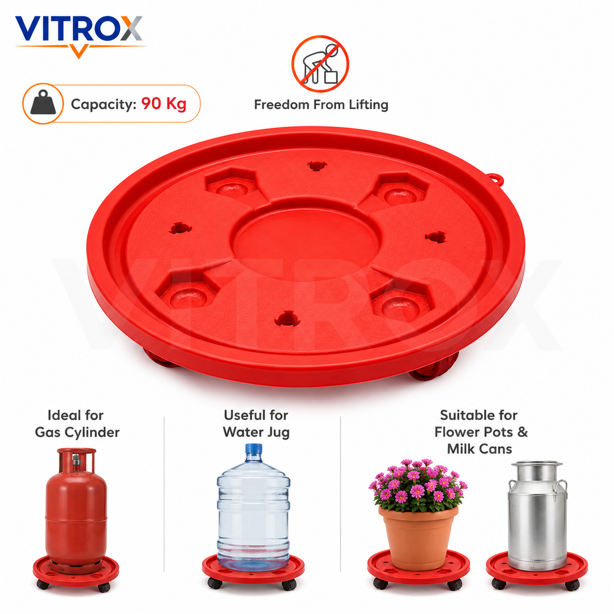 Vitrox Heavy Duty Multipurpose Red Trolley – 90 Kg Capacity Plastic Moving Base with 4 Smooth Caster Wheels