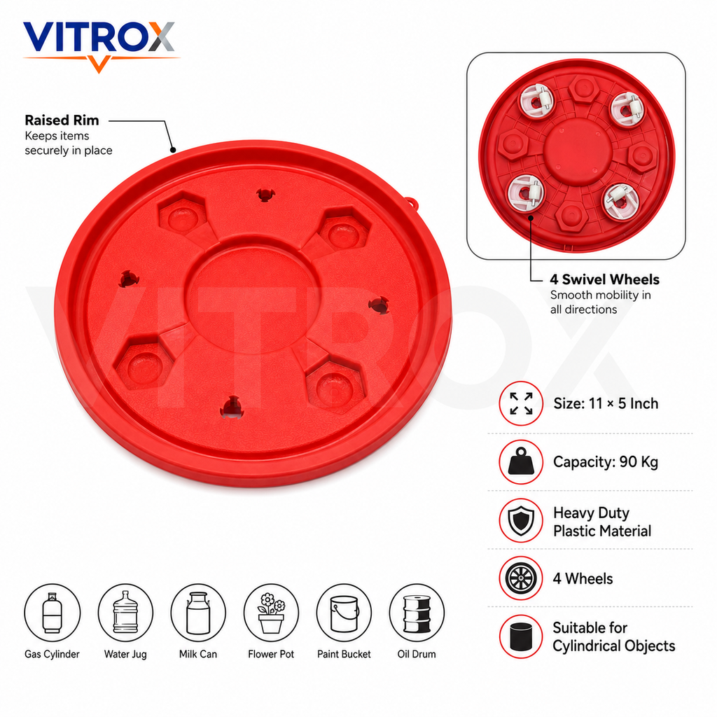 Vitrox Heavy Duty Multipurpose Red Trolley – 90 Kg Capacity Plastic Moving Base with 4 Smooth Caster Wheels