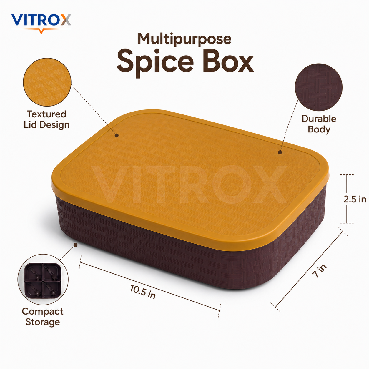 Vitrox Multipurpose Spice Box with 6 Cups & 6 Spoons | Mustard Yellow & Dark Brown Masala Storage Box