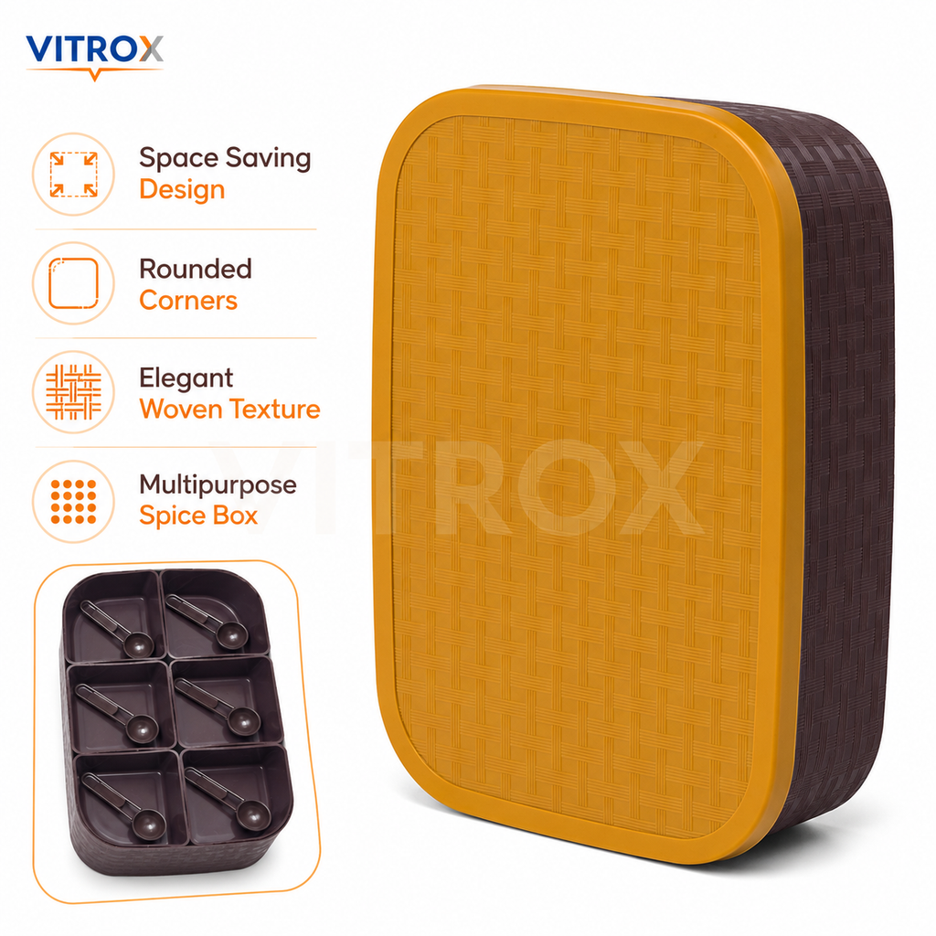 Vitrox Multipurpose Spice Box with 6 Cups & 6 Spoons | Mustard Yellow & Dark Brown Masala Storage Box