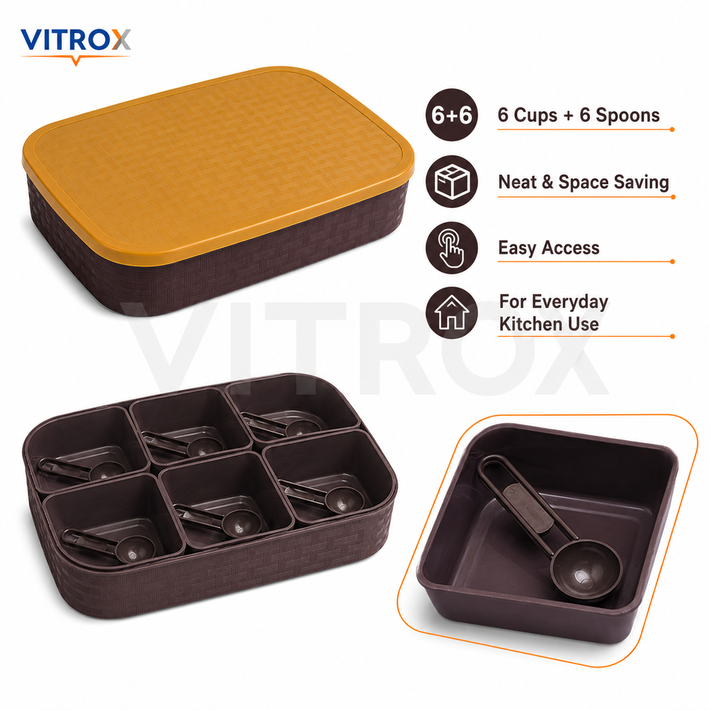 Vitrox Multipurpose Spice Box with 6 Cups & 6 Spoons | Mustard Yellow & Dark Brown Masala Storage Box