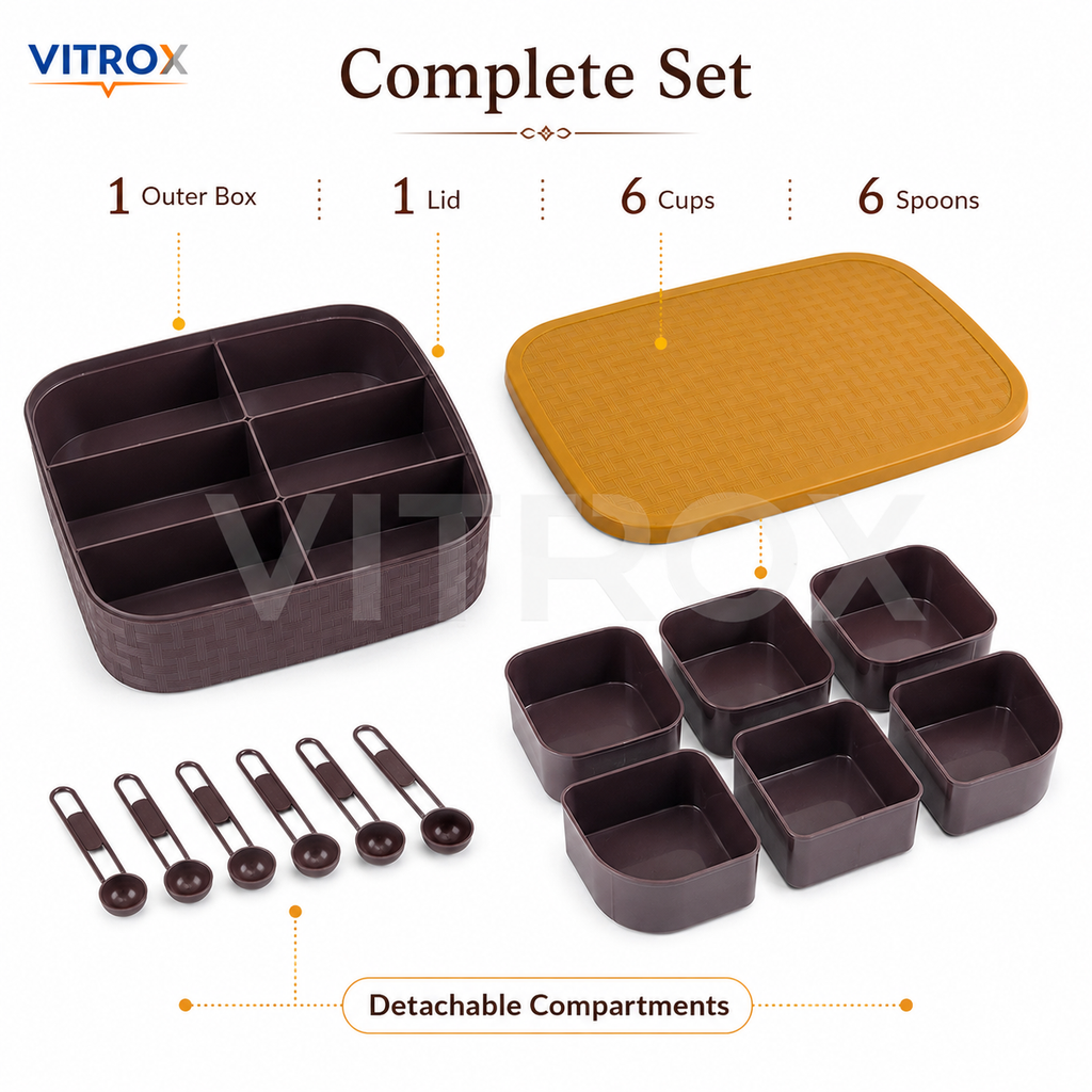 Vitrox Multipurpose Spice Box with 6 Cups & 6 Spoons | Mustard Yellow & Dark Brown Masala Storage Box