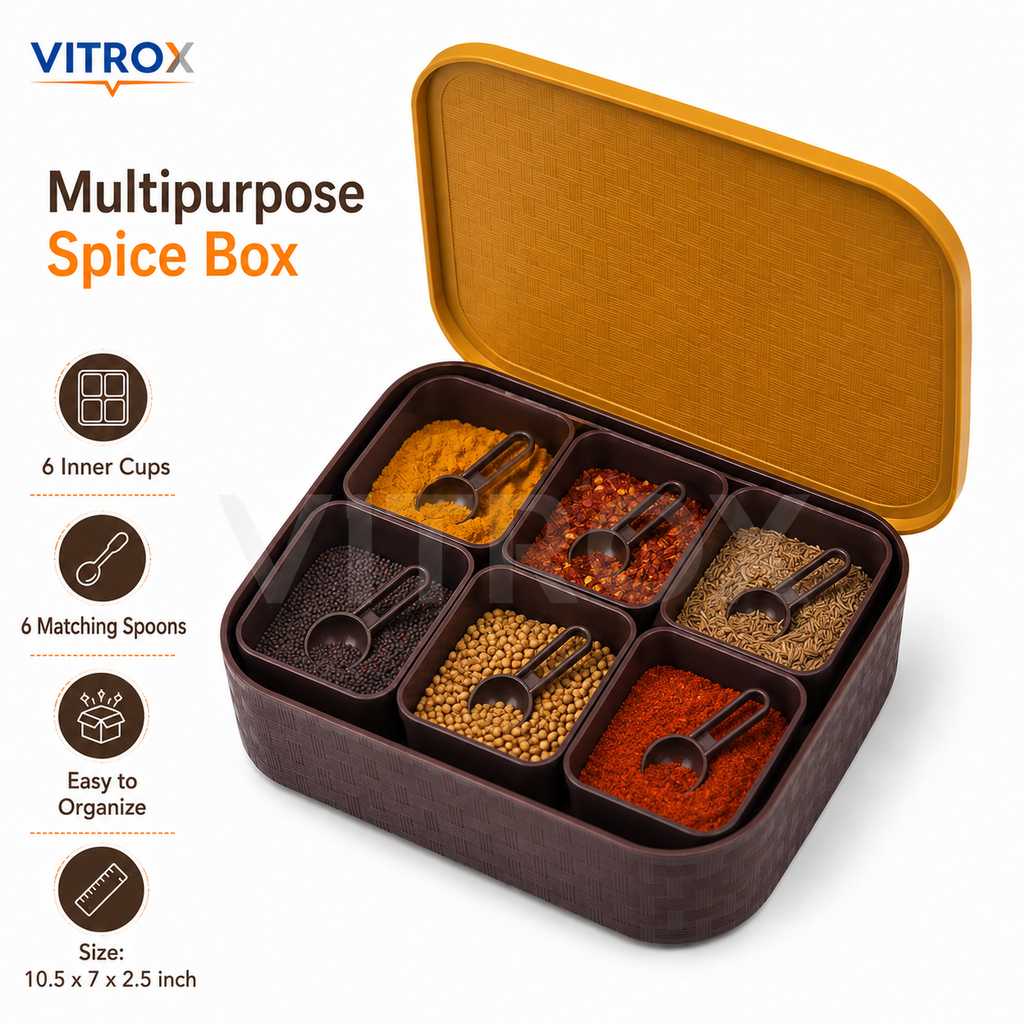 Vitrox Multipurpose Spice Box with 6 Cups & 6 Spoons | Mustard Yellow & Dark Brown Masala Storage Box
