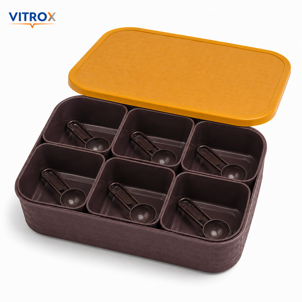 Vitrox Multipurpose Spice Box with 6 Cups & 6 Spoons | Mustard Yellow & Dark Brown Masala Storage Box