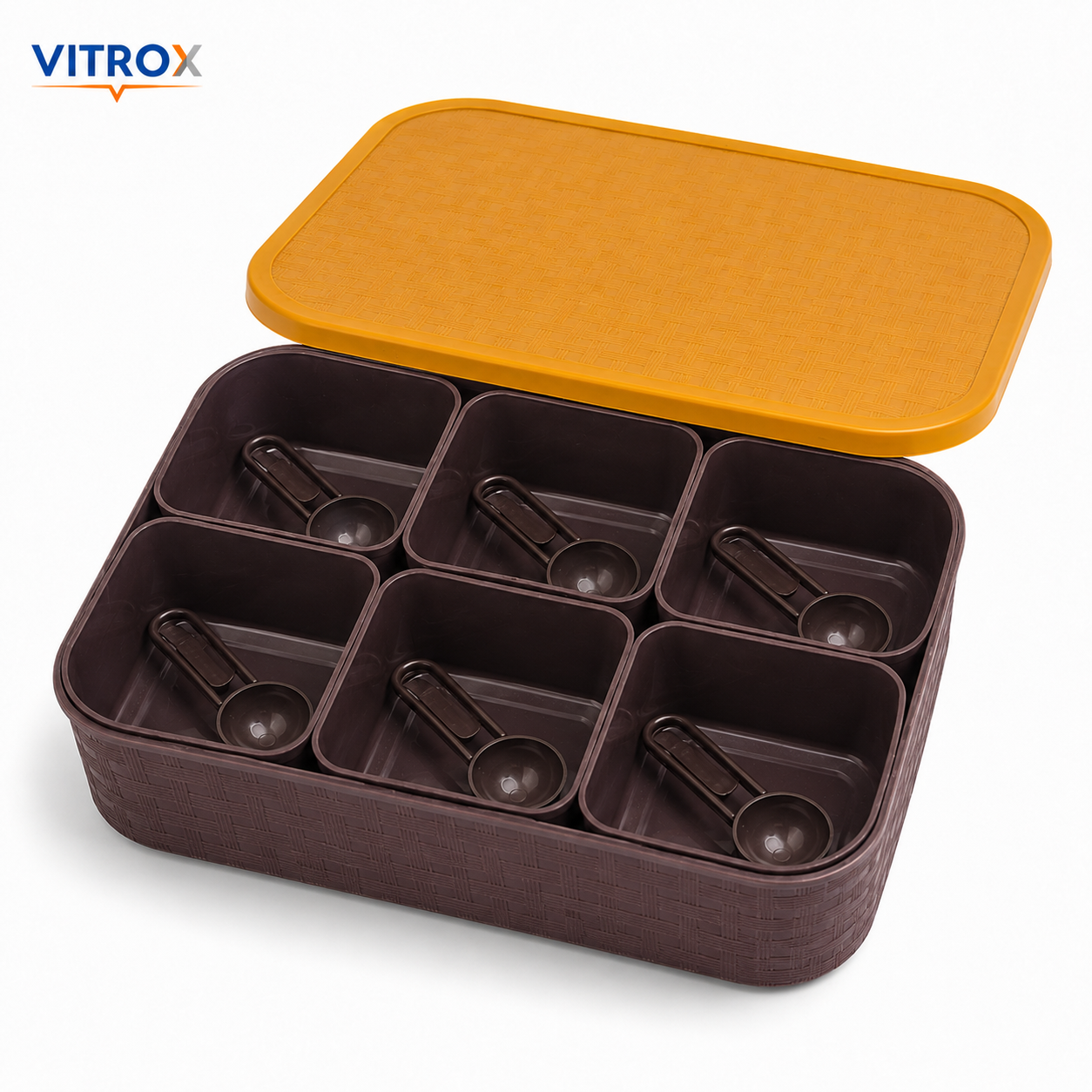 Vitrox Multipurpose Spice Box with 6 Cups & 6 Spoons | Mustard Yellow & Dark Brown Masala Storage Box