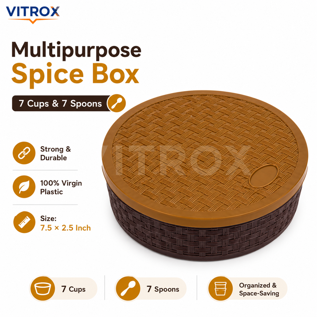 Vitrox Multipurpose Spice Box with 7 Cups & Spoons | Round Plastic Masala Organizer | Brown & Mustard