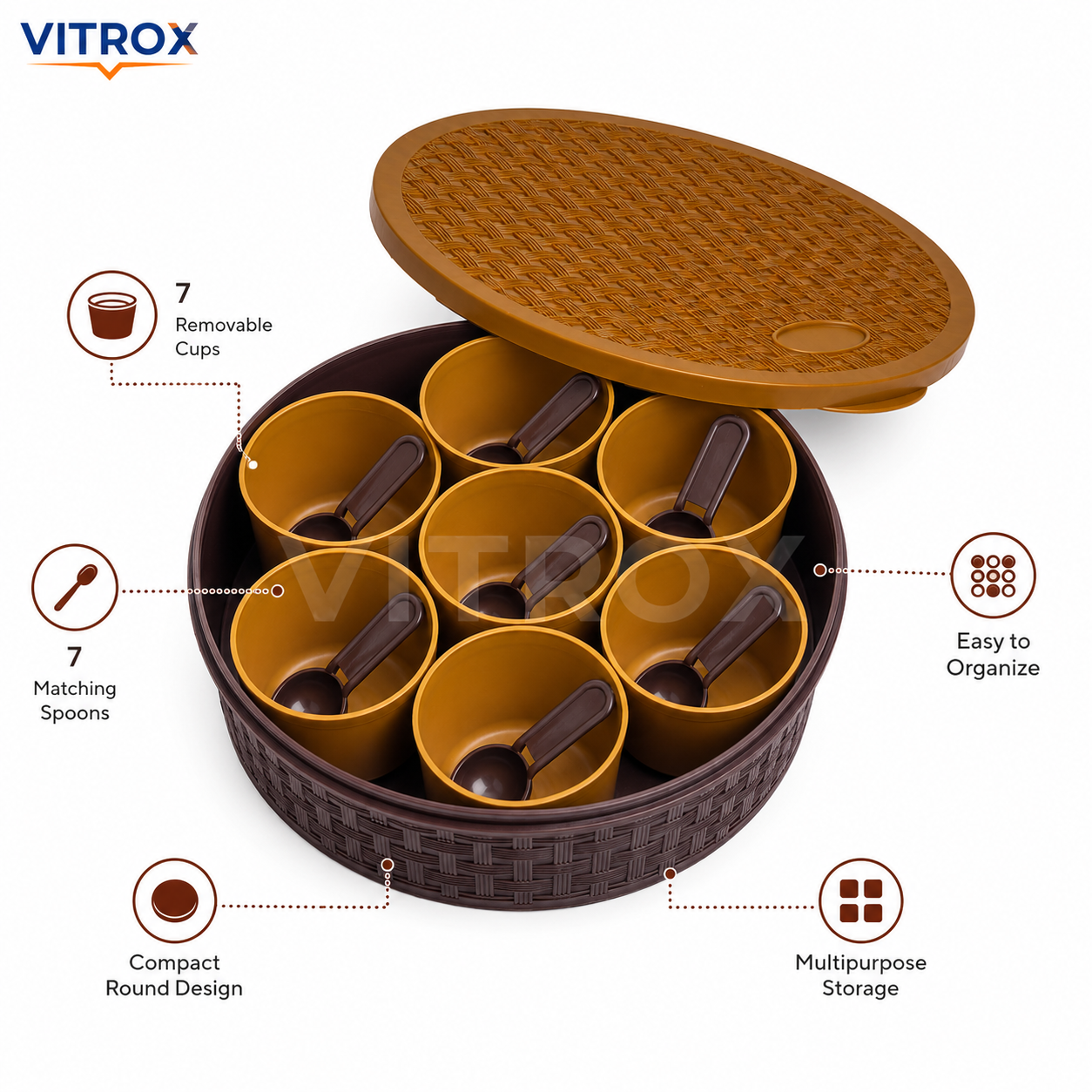 Vitrox Multipurpose Spice Box with 7 Cups & Spoons | Round Plastic Masala Organizer | Brown & Mustard