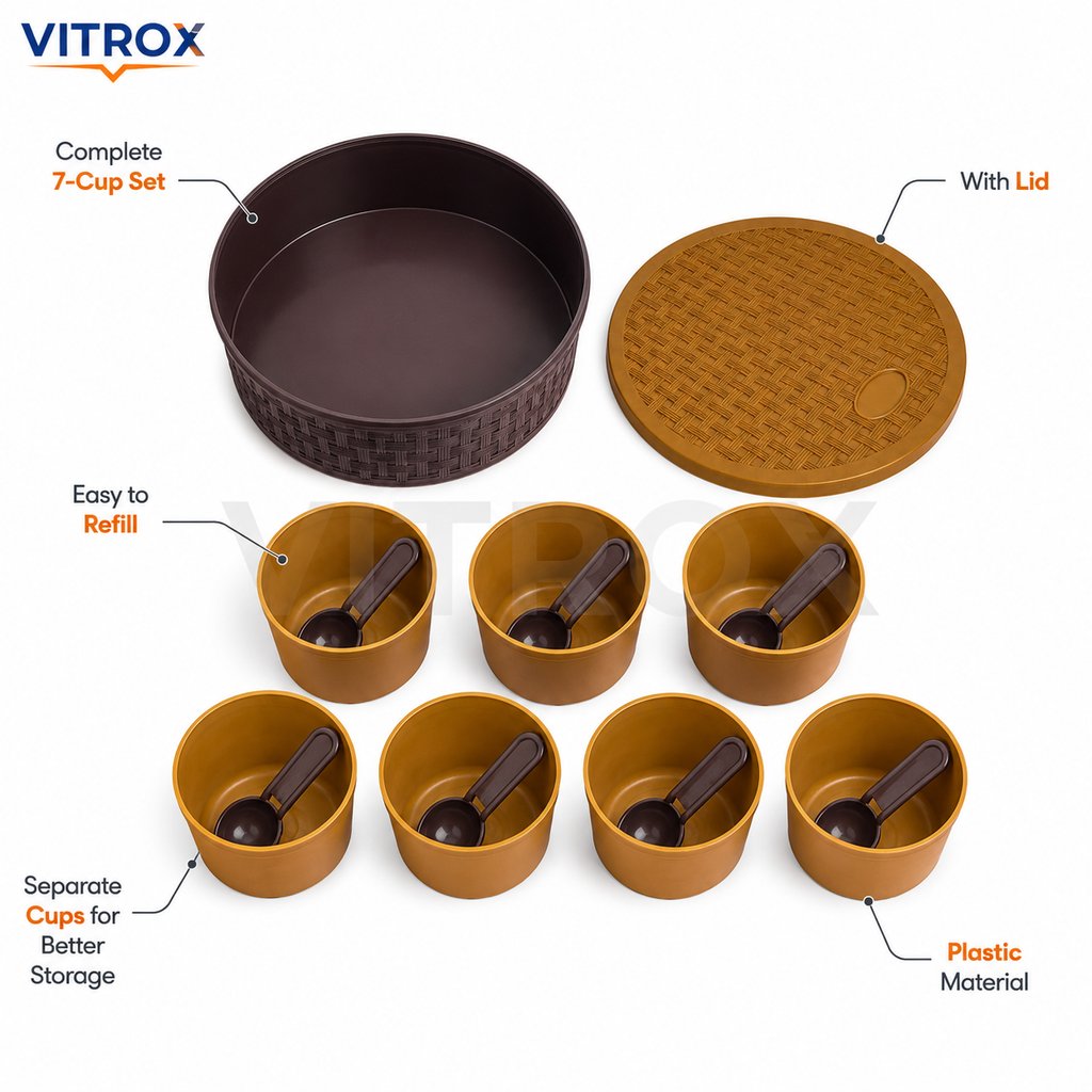 Vitrox Multipurpose Spice Box with 7 Cups & Spoons | Round Plastic Masala Organizer | Brown & Mustard