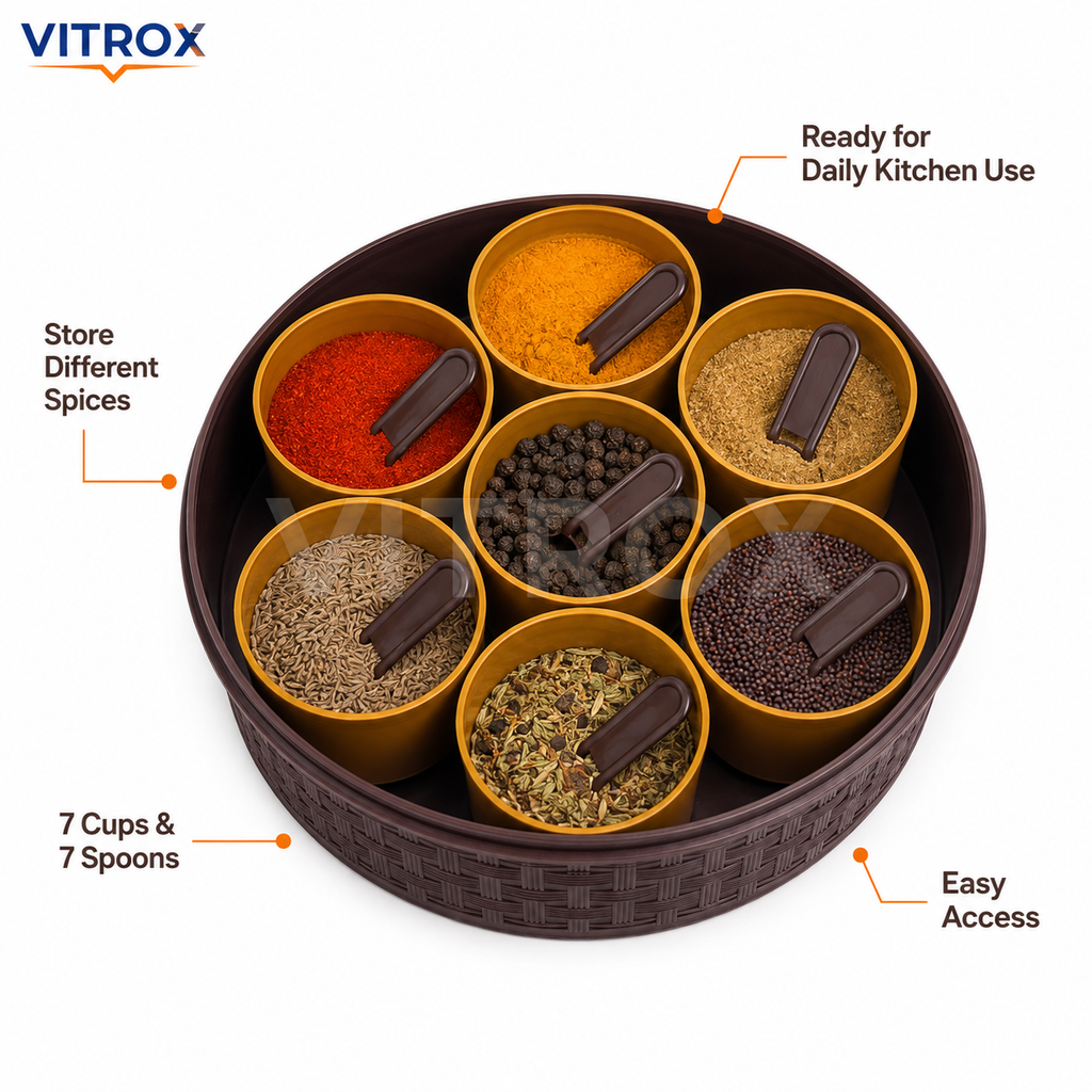 Vitrox Multipurpose Spice Box with 7 Cups & Spoons | Round Plastic Masala Organizer | Brown & Mustard