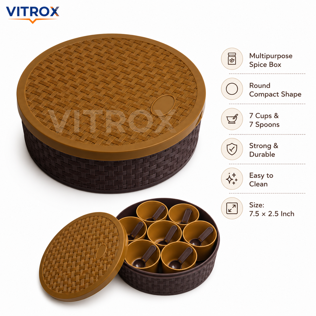 Vitrox Multipurpose Spice Box with 7 Cups & Spoons | Round Plastic Masala Organizer | Brown & Mustard