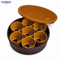Vitrox Multipurpose Spice Box with 7 Cups & Spoons | Round Plastic Masala Organizer | Brown & Mustard