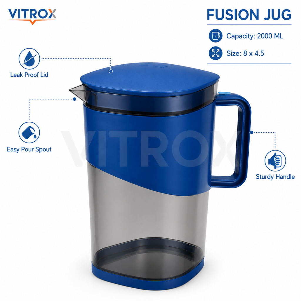 Vitrox 2000ML Fusion Jug – Blue Transparent Plastic Water & Juice Jug with Leak-Proof Lid and Sturdy Handle