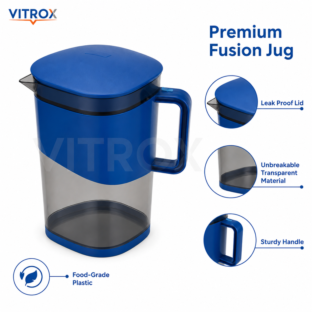 Vitrox 2000ML Fusion Jug – Blue Transparent Plastic Water & Juice Jug with Leak-Proof Lid and Sturdy Handle