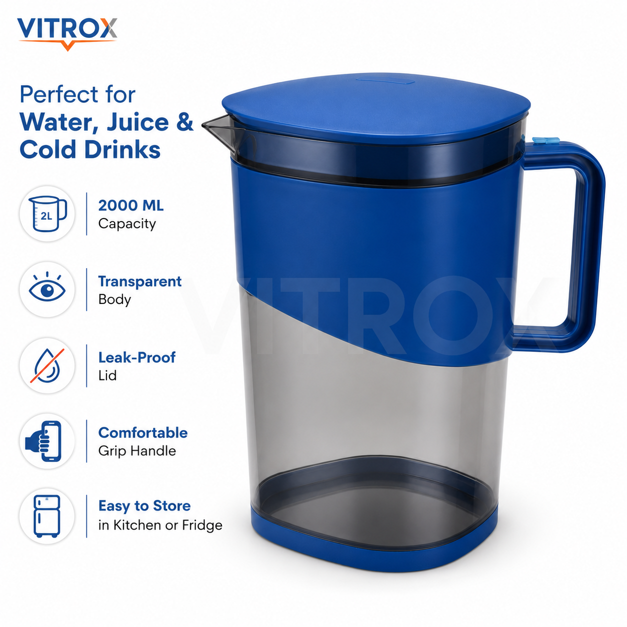 Vitrox 2000ML Fusion Jug – Blue Transparent Plastic Water & Juice Jug with Leak-Proof Lid and Sturdy Handle