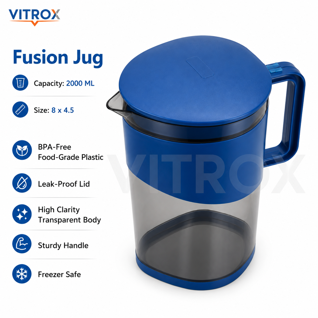 Vitrox 2000ML Fusion Jug – Blue Transparent Plastic Water & Juice Jug with Leak-Proof Lid and Sturdy Handle