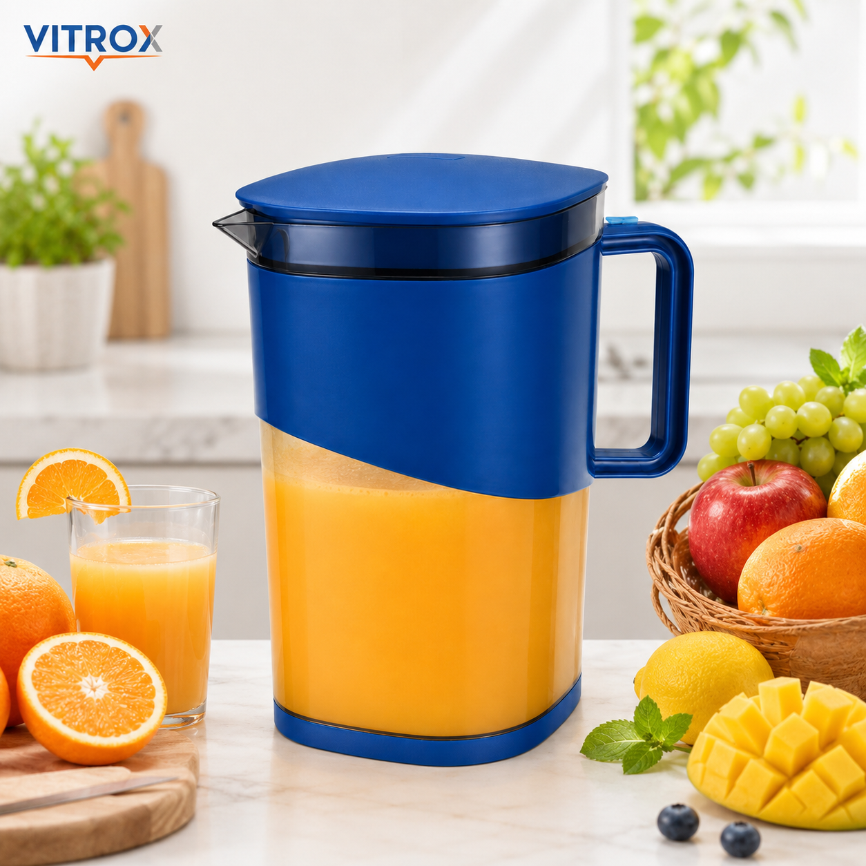 Vitrox 2000ML Fusion Jug – Blue Transparent Plastic Water & Juice Jug with Leak-Proof Lid and Sturdy Handle