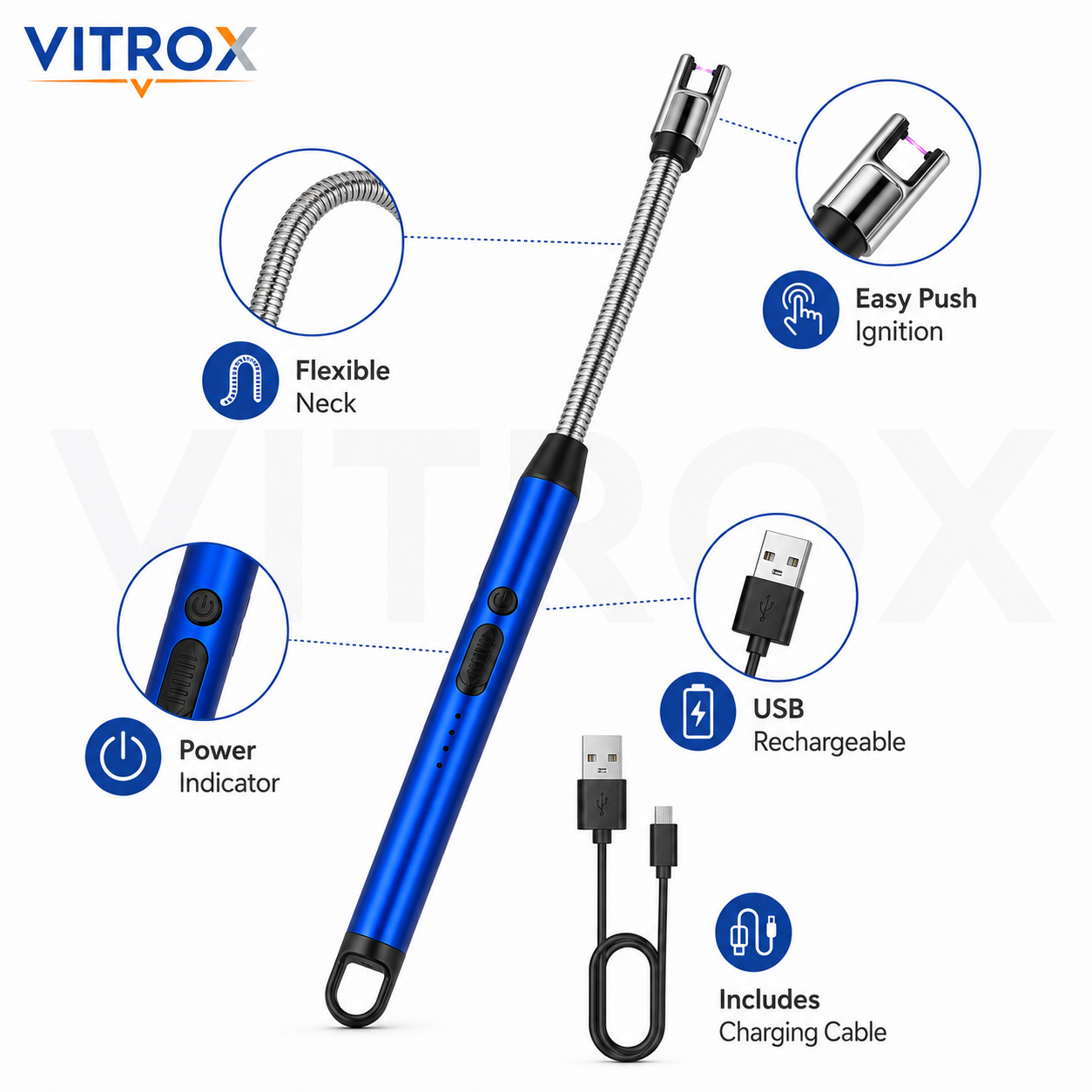 Vitrox Rechargeable Electric Arc Lighter – 10 Inch Flexible Neck USB Lighter for Candles, Diyas, Kitchen & BBQ | Blue