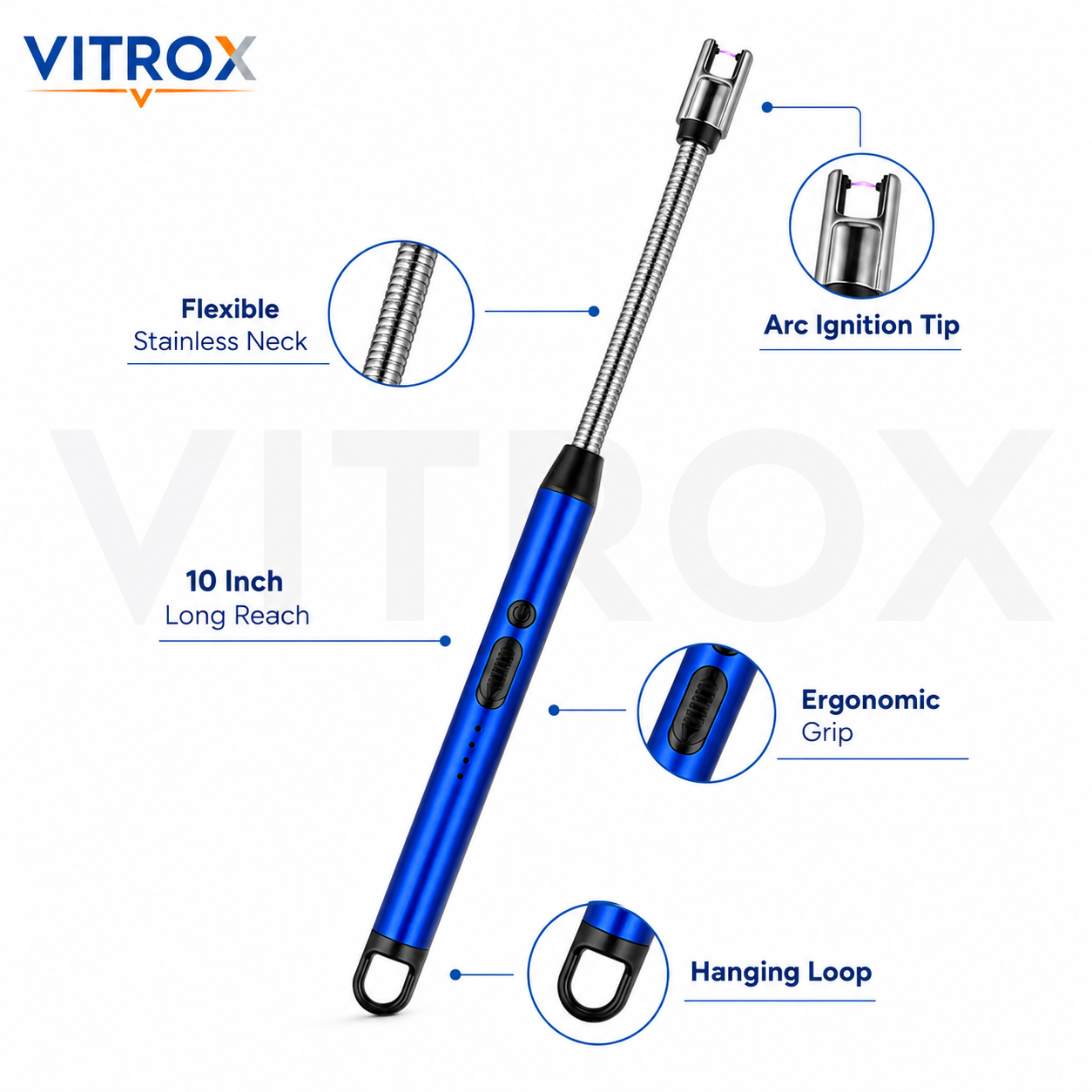 Vitrox Rechargeable Electric Arc Lighter – 10 Inch Flexible Neck USB Lighter for Candles, Diyas, Kitchen & BBQ | Blue