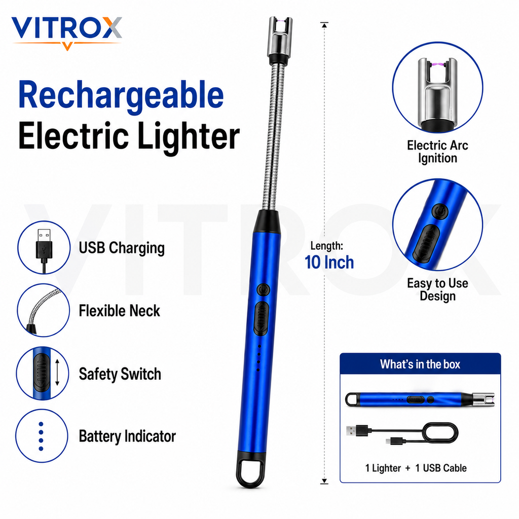 Vitrox Rechargeable Electric Arc Lighter – 10 Inch Flexible Neck USB Lighter for Candles, Diyas, Kitchen & BBQ | Blue
