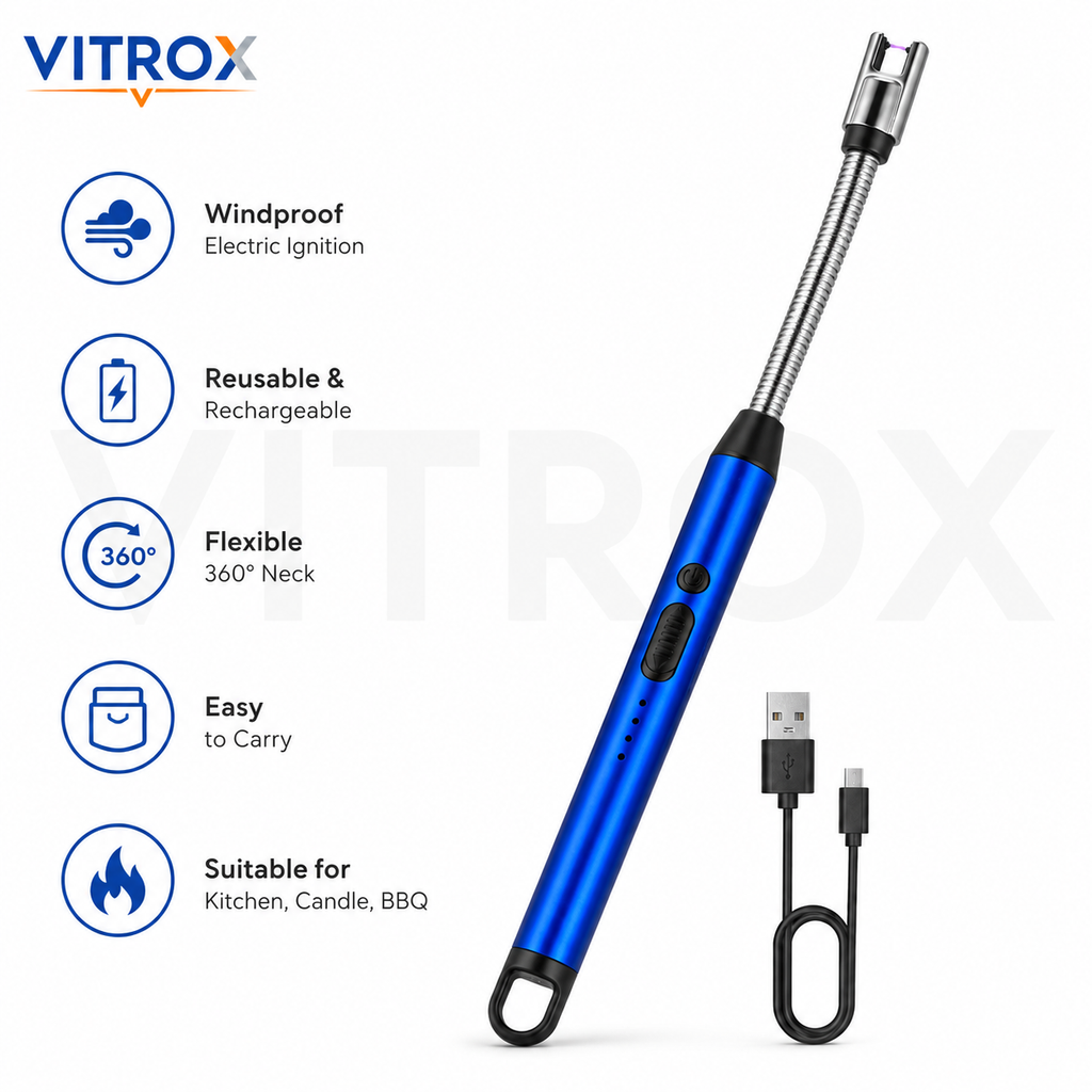 Vitrox Rechargeable Electric Arc Lighter – 10 Inch Flexible Neck USB Lighter for Candles, Diyas, Kitchen & BBQ | Blue
