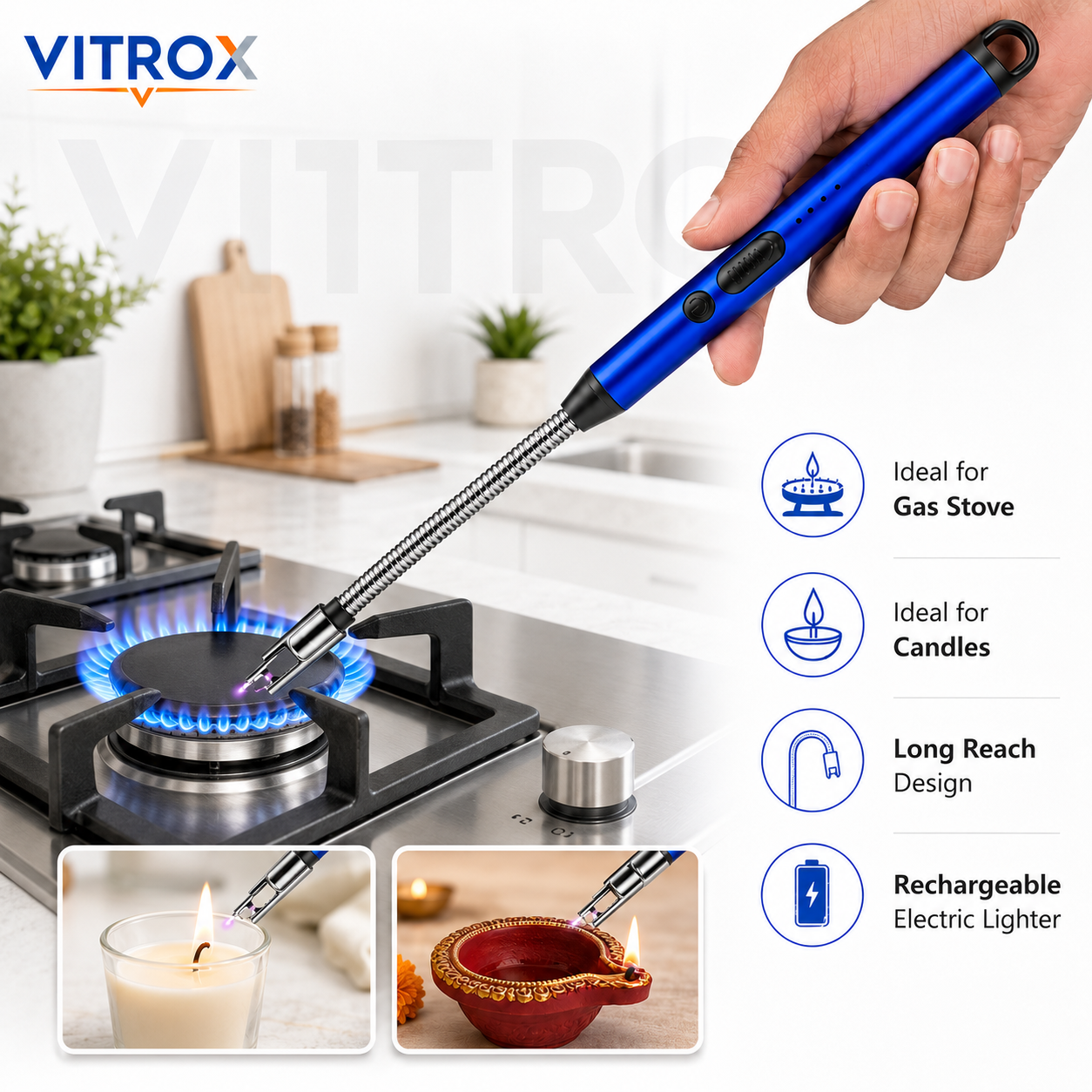 Vitrox Rechargeable Electric Arc Lighter – 10 Inch Flexible Neck USB Lighter for Candles, Diyas, Kitchen & BBQ | Blue
