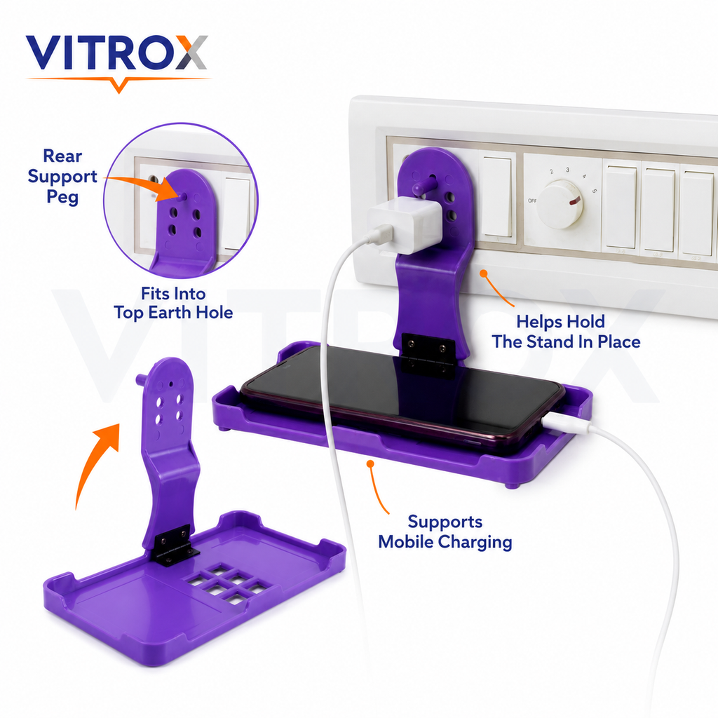 Vitrox Foldable Plug-Mounted Mobile Charging Stand – Phone Charging Shelf with Rear Support Peg, 7 × 4 Inch, Purple
