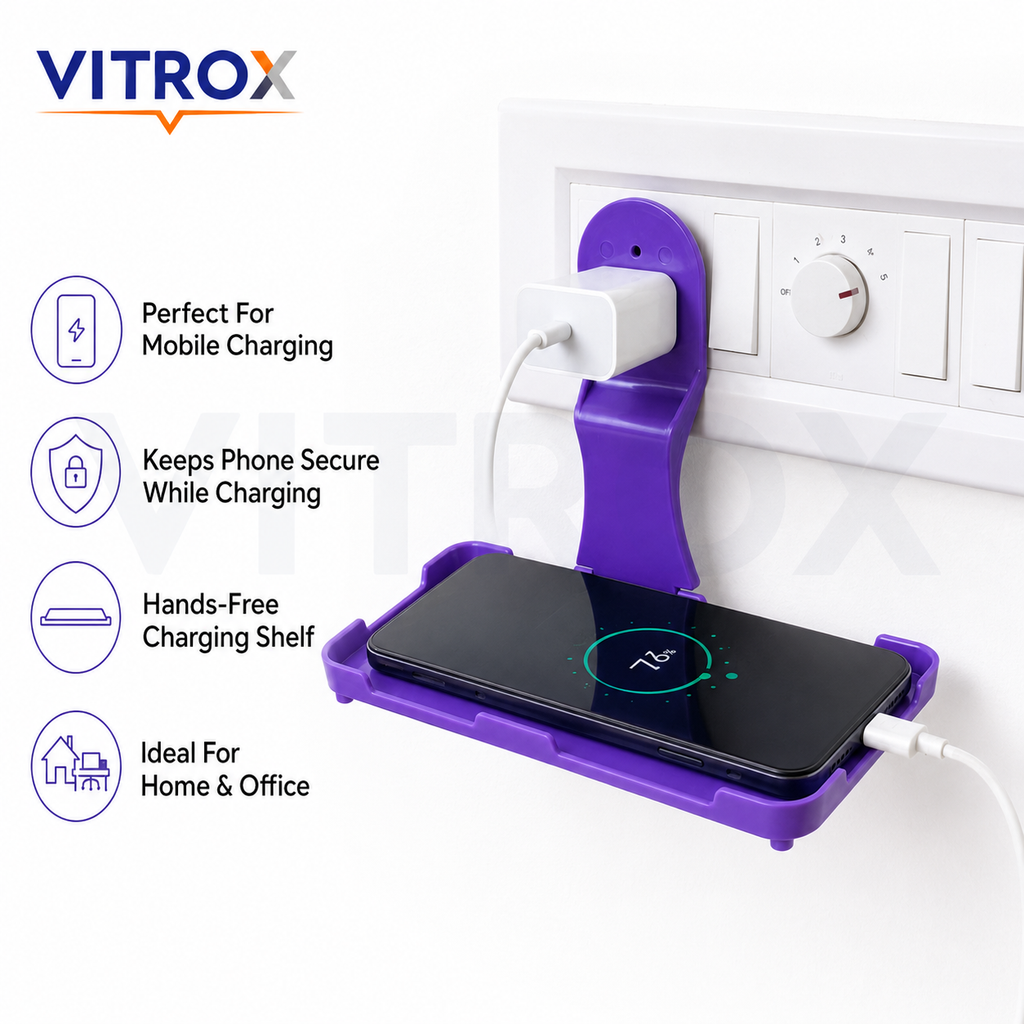 Vitrox Foldable Plug-Mounted Mobile Charging Stand – Phone Charging Shelf with Rear Support Peg, 7 × 4 Inch, Purple