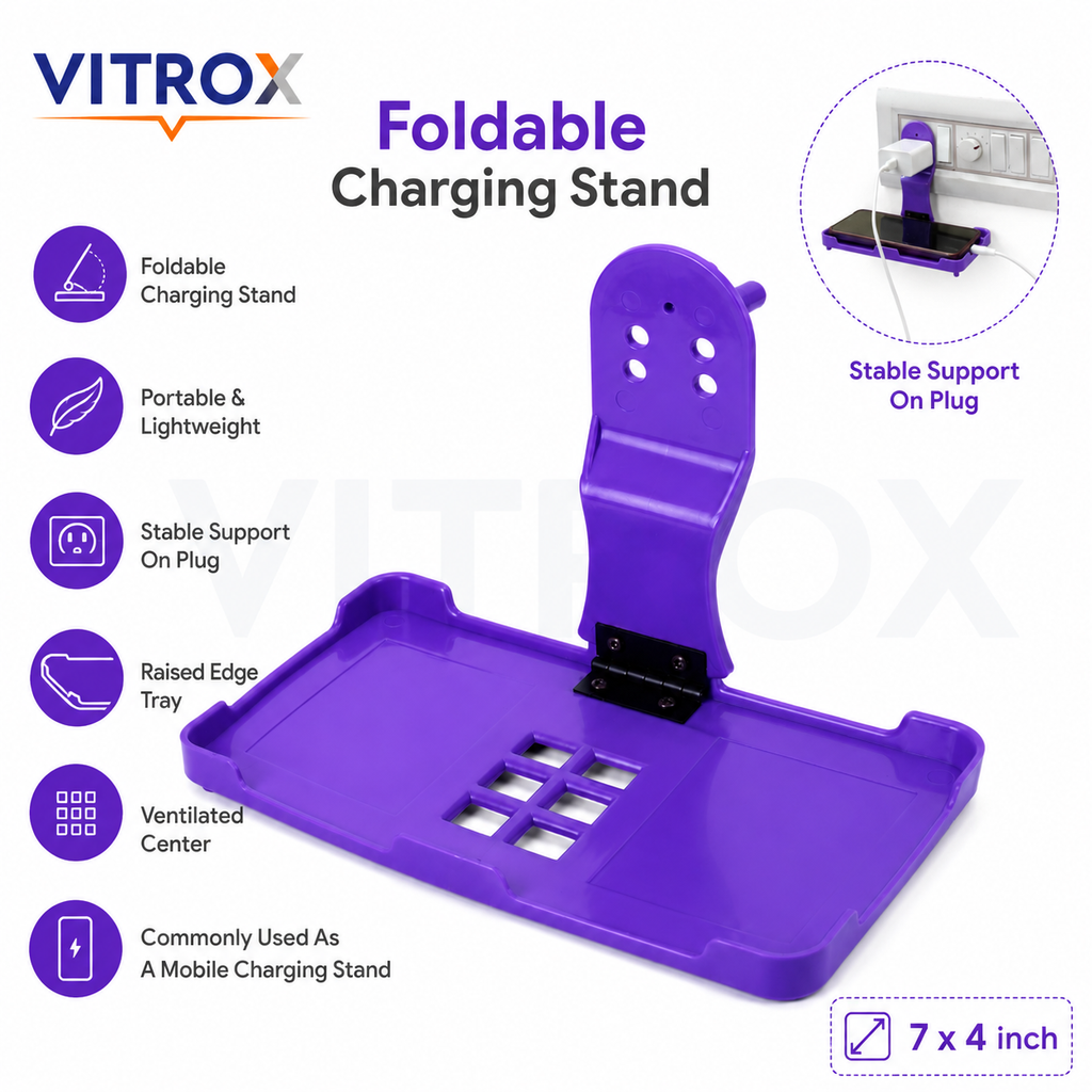 Vitrox Foldable Plug-Mounted Mobile Charging Stand – Phone Charging Shelf with Rear Support Peg, 7 × 4 Inch, Purple