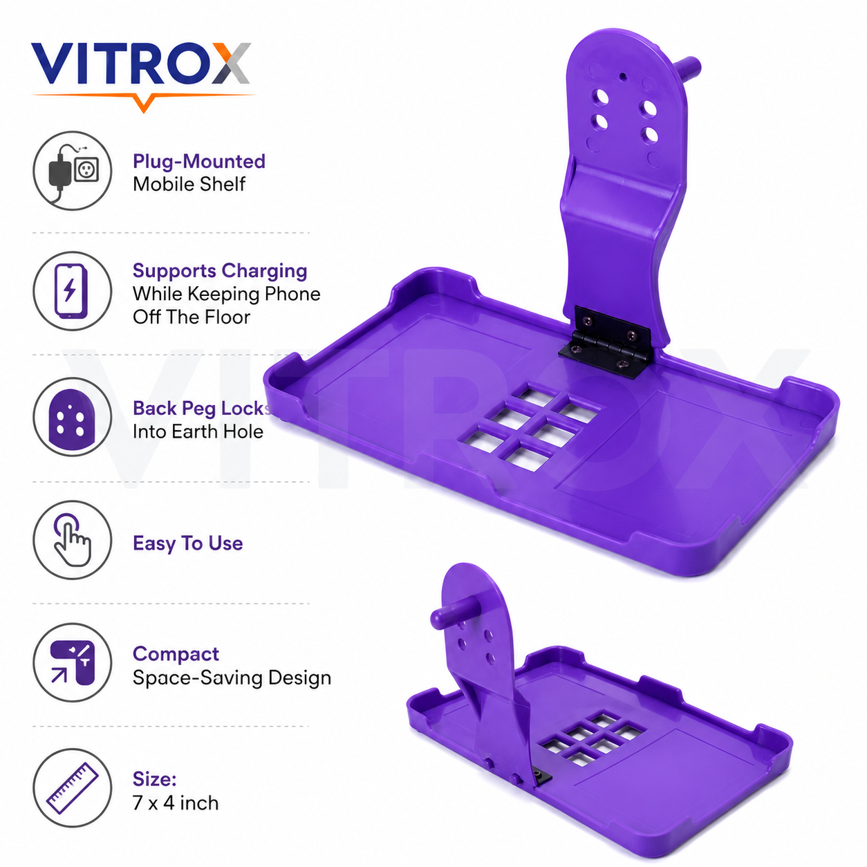 Vitrox Foldable Plug-Mounted Mobile Charging Stand – Phone Charging Shelf with Rear Support Peg, 7 × 4 Inch, Purple