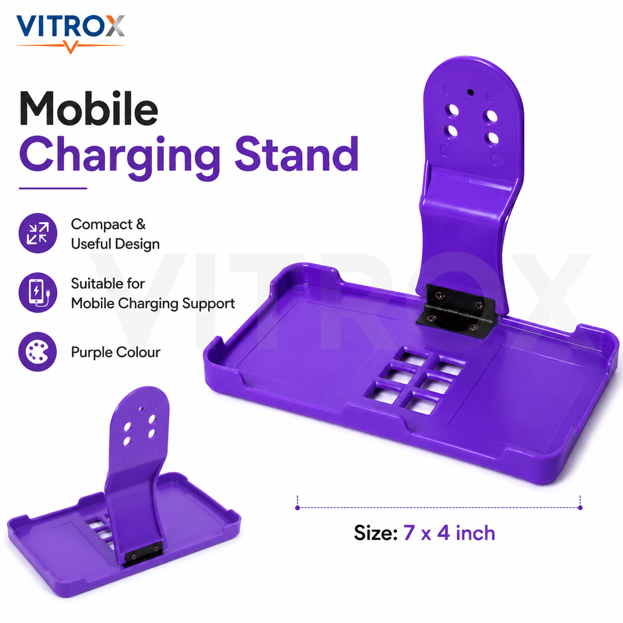 Vitrox Foldable Plug-Mounted Mobile Charging Stand – Phone Charging Shelf with Rear Support Peg, 7 × 4 Inch, Purple