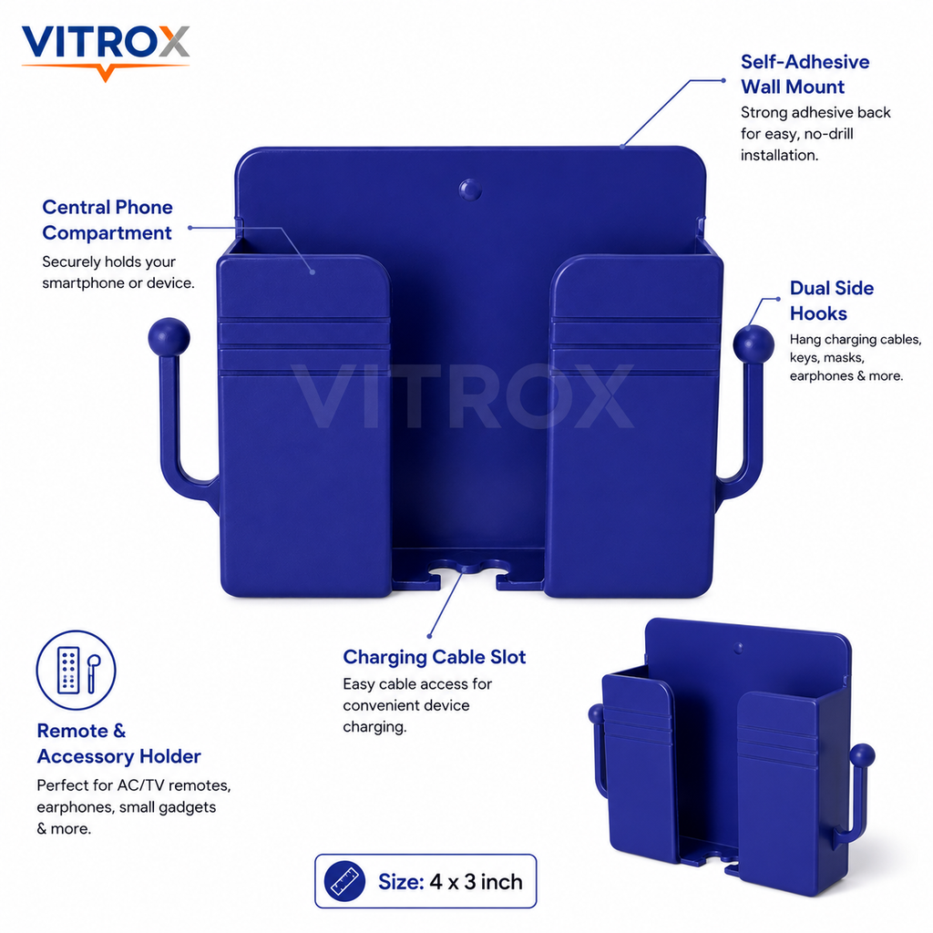 Vitrox Self-Adhesive Wall-Mounted Mobile Phone & Remote Holder with Dual Side Hooks – 4 × 3 Inch, Royal Blue