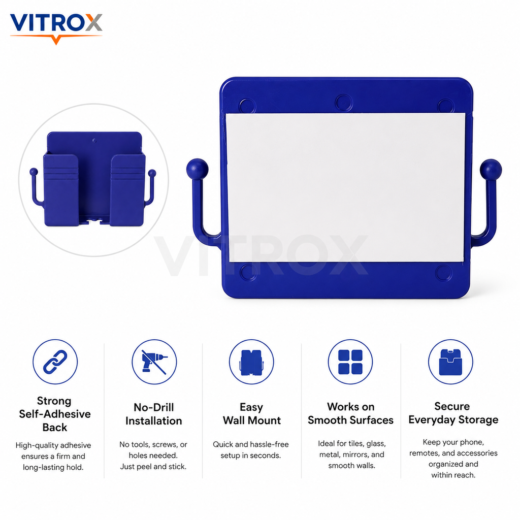 Vitrox Self-Adhesive Wall-Mounted Mobile Phone & Remote Holder with Dual Side Hooks – 4 × 3 Inch, Royal Blue