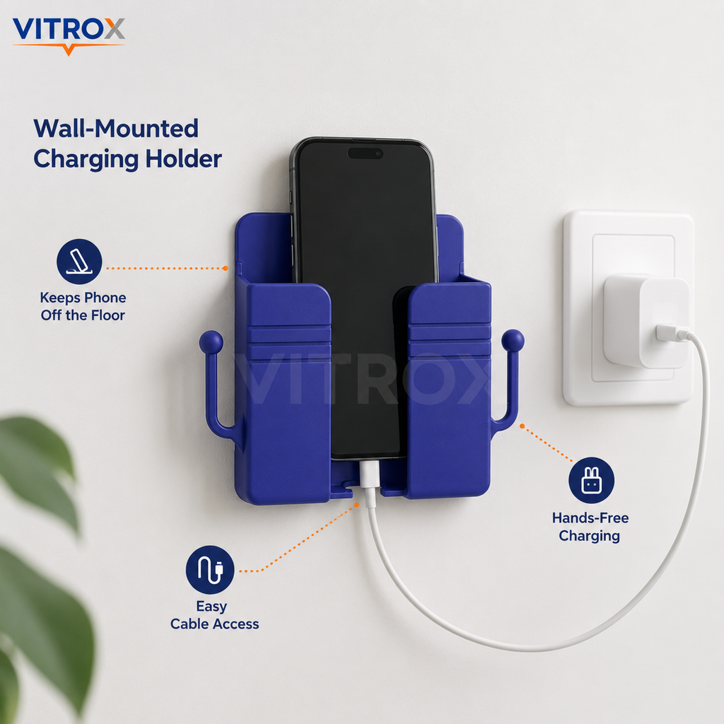 Vitrox Self-Adhesive Wall-Mounted Mobile Phone & Remote Holder with Dual Side Hooks – 4 × 3 Inch, Royal Blue