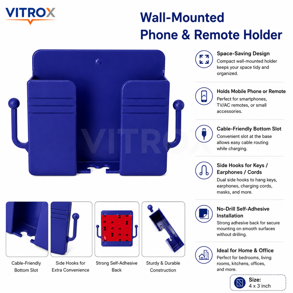 Vitrox Self-Adhesive Wall-Mounted Mobile Phone & Remote Holder with Dual Side Hooks – 4 × 3 Inch, Royal Blue