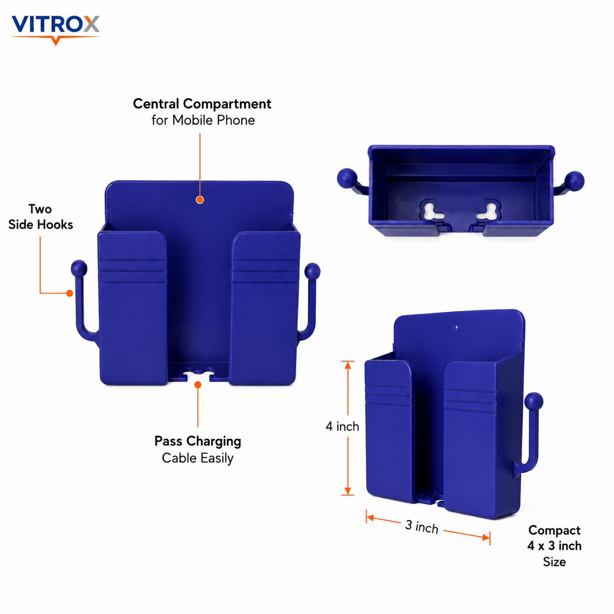 Vitrox Self-Adhesive Wall-Mounted Mobile Phone & Remote Holder with Dual Side Hooks – 4 × 3 Inch, Royal Blue